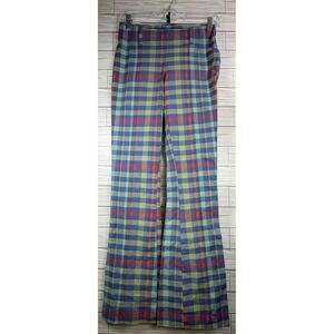 NWT Free People Check Plaid‎ The Way You Move  Flare Slit Pants Blue Green Sz 4